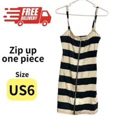 ミニ　ワンピース　ベージュ　ボーダー　ジップ　インポート　キャミソール　海外