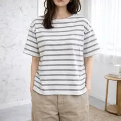無印良品 ボーダーTシャツ【定番】L ホワイト×グレー 半袖 コットン