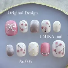 004 ネイルチップ 春 さくらんぼ ピンク 韓国 ショート ワンホン シンプル