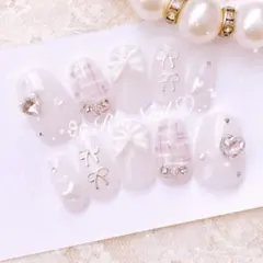 ネイルチップ ツイード フレンチガーリー ワンホン 量産型 韓国 りぼん 薔薇