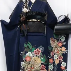 ◆ 振袖7点セット ◆紺色ネイビー成人式フルセット前撮りトールサイズaL00