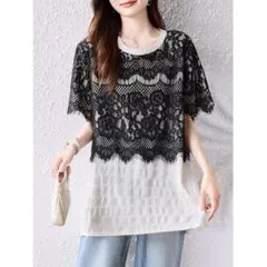 おしゃれ度高め Tシャツ 切り替 レース柄 ラウンドネック 着痩せ 大人気