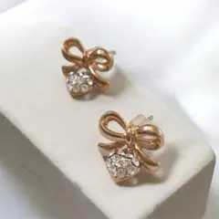 【ピアス】リボン&ビジューハート　ピンクゴールド　ピアス