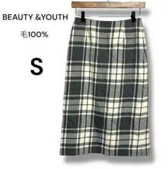 ビューティー&ユース　チェック柄ひざ丈タイトスカート　Sサイズ　毛100% 秋冬