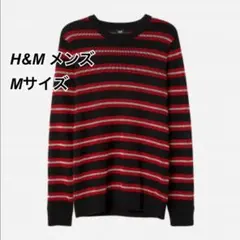 H&M メンズ ニット Mサイズ 黒赤ストライプのサムネイル
