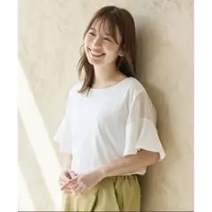 Honeys 袖シアー切替Tシャツ　ハニさら　フレア袖 シースルー　キレイめ