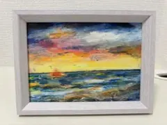 夕暮れの海 クレパス画 額縁付きのサムネイル