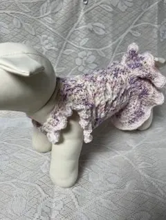 犬服　春夏ニット　ハンドメイド　フリル付きワンピース　Sサイズ 白紫