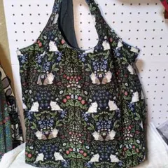手提げエコバックボタニカル猫柄黒系ハンドメイド