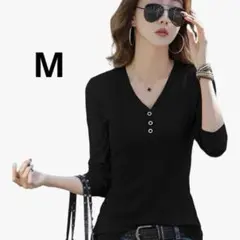 長袖tシャツ レディース シャツVネック Lサイズ　ブラック　薄手