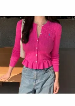 正規品 ラルフローレン ニットカーディガン ペプラム ケーブルニット ピンク