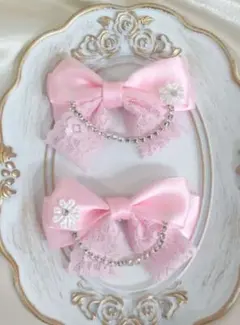 ヘアメ リボン ツイン リボンクリップ ピンク レース 量産型