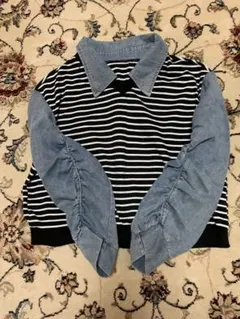 ボーダーニット×デニム袖長袖トップス