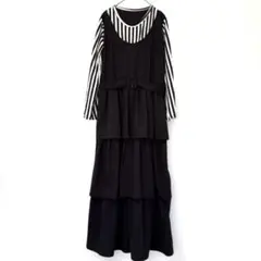 ブラックストライプ　重ね着風3段フリルワンピース