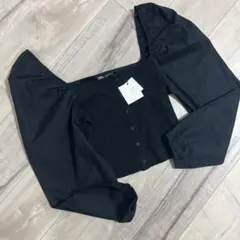 ZARA スクエアネック パフスリーブ 長袖 トップス 黒 ショート丈 ギャザー