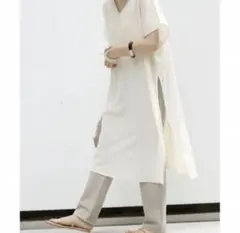 イエナ夏色オフホワイトカラー楊柳ジャージーチュニックレイヤード半袖ワンピース