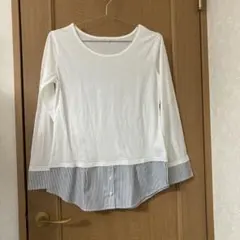 重ね着風　ホワイト ストライプ 裾付き　長袖Tシャツ M