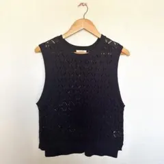 studioCLIP 3ゲージダイヤ柄ベスト ネイビー レース編み フリーサイズ