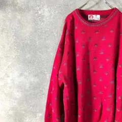 lsle of COTTON　ニット　セーター　長袖　レッド　総柄　アメリカ製