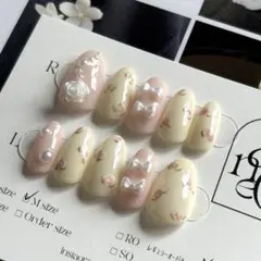 【ネイルチップ】韓国ネイル 小花 バラ 薔薇 リボン パール