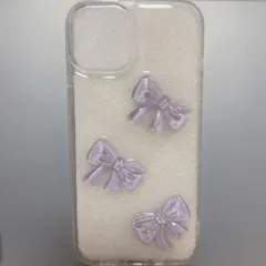 iPhone13　クリアケース　リボン　パープル