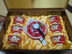 台湾茶器セット 新太源 急須 湯呑み6客赤 花柄 陶器箱付き