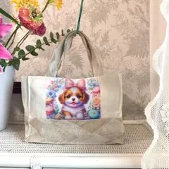 ハンドメイド　トートバッグ　キャバリア　デコピン　リボン　犬