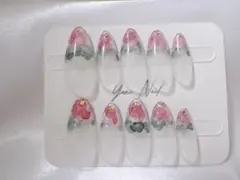 お花 ニュアンス 透明 ネイルチップ 春ネイル アーモンド型 インクネイル