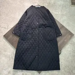 7AS2 ノーカラーキルティングコート　ロング　黒　モード　古着
