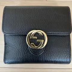 GUCCI ブラック 二つ折り財布GG インターロッキング レザー ブラック