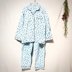 【Pure Cloth】 長袖パジャマ セットアップ ハート柄 ブルー (M)