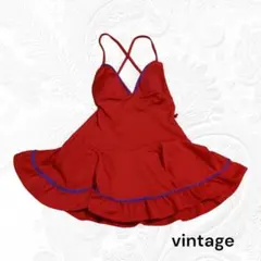 【80年代】レトロ フリルワンピース水着 バッククロス　背面カット　 Mのサムネイル