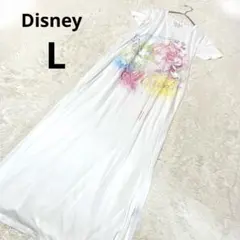 Disney ディズニー 半袖ワンピース ロング丈 白 プリント 楽ちん/L
