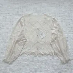 新品　レース編みカーディガン　アイボリー　Ｌのサムネイル