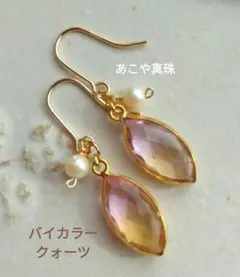 14kgf　バイカラークォーツとあこや真珠のピアス
