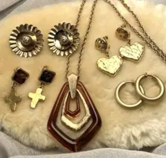 ビンテージvintage 大ぶりアクセサリーセット　ブラウン×ゴールド系カラー