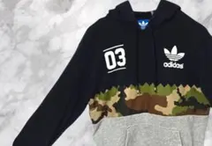 【美品】adidas アディダス 迷彩柄 黒 グレー フード付き パーカー