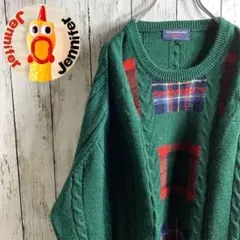 【ヴィンテージ】古着 90s メンズ 3Dニット セーター L 緑 ★ゆったり感