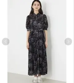 黒 花柄 プリーツ ロングシャツワンピース