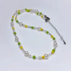 ビーズネックレス　パール　イエロー　黄緑　シルバー