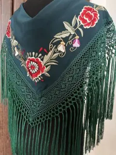 フラメンコ　刺繍シージョ　ダークグリーン　マルチカラー花柄　クラベル フラメンコ 刺繍シージョ ダークグリーン マルチカラー花柄 クラベル