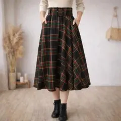 美品　ZARA タータンチェック ベルト付 ハイウエスト フレアスカート XS