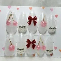 韓国　ガーリー　ネイルチップ　ネイル　さくらんぼ　スナ系　量産型　ワンホン