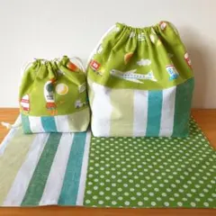 ハンドメイド♪入園入学 乗り物柄 お弁当3点セット　グリーン