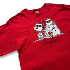 US古着/XL スヌーピー 雪だるま レア 冬 PEANUTS 半袖Tシャツ 赤