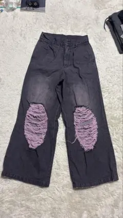 ダメージ加工 ダークグレー ワイドレッグデニムパンツ