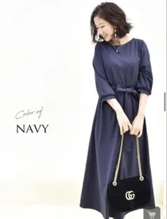ネイビー ワンピース 七分丈　授乳口あり 　マタニティ対応　入学式　お宮参り