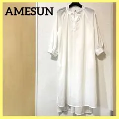 AMESUN 七分袖 ロングブラウス 白 シアー シースルー レイヤード シャツ