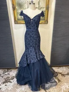 ネイビー オフショルダー マーメイドパーティーロングドレス