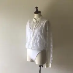 U.S古着 レディース ホワイトレース花柄長袖シャツ